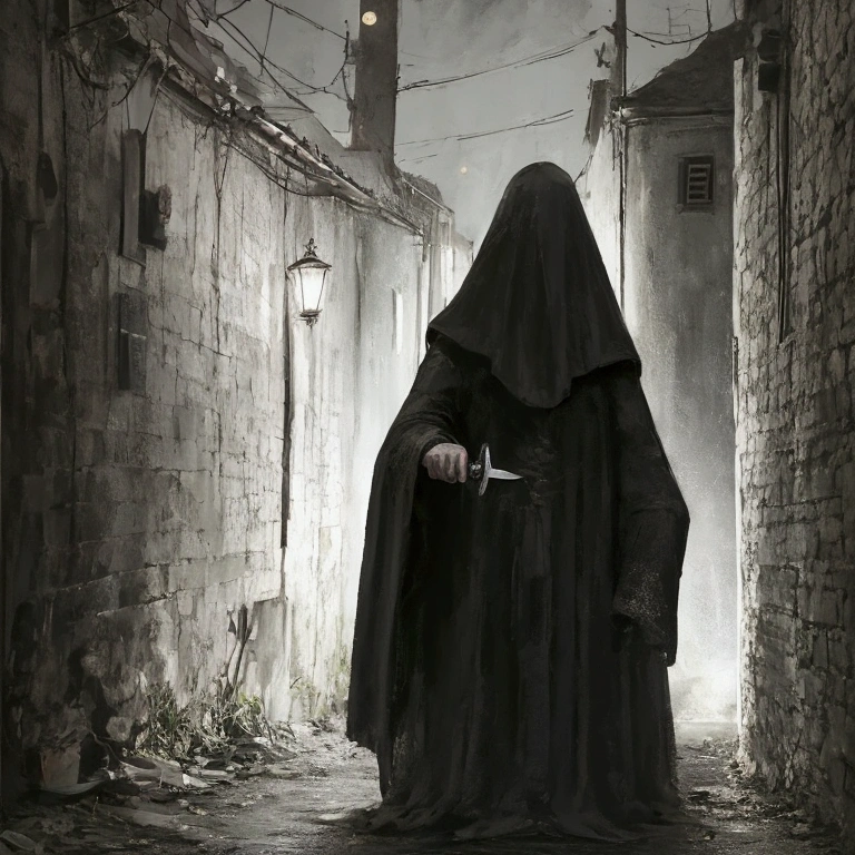 person in black hooded clothing, with a knife  in his hand, dark street, low light, street lamp above the person, lighting up, dark street, at night, crescent moon on the left faint stars, abandoned house behind