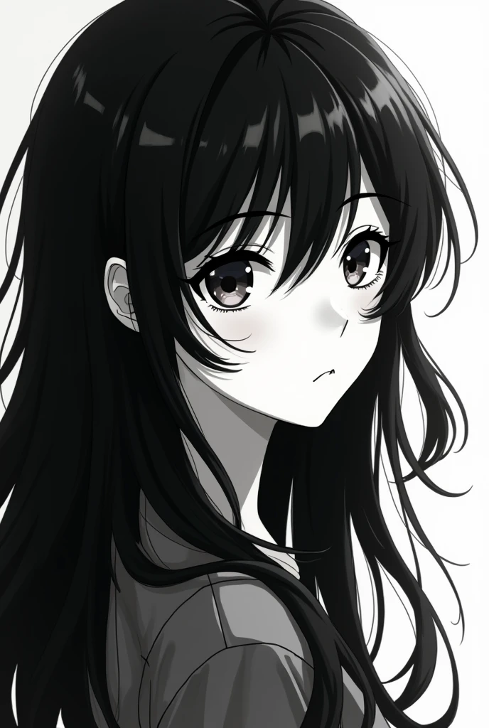 long black hair girl face anime style 2d to black and white