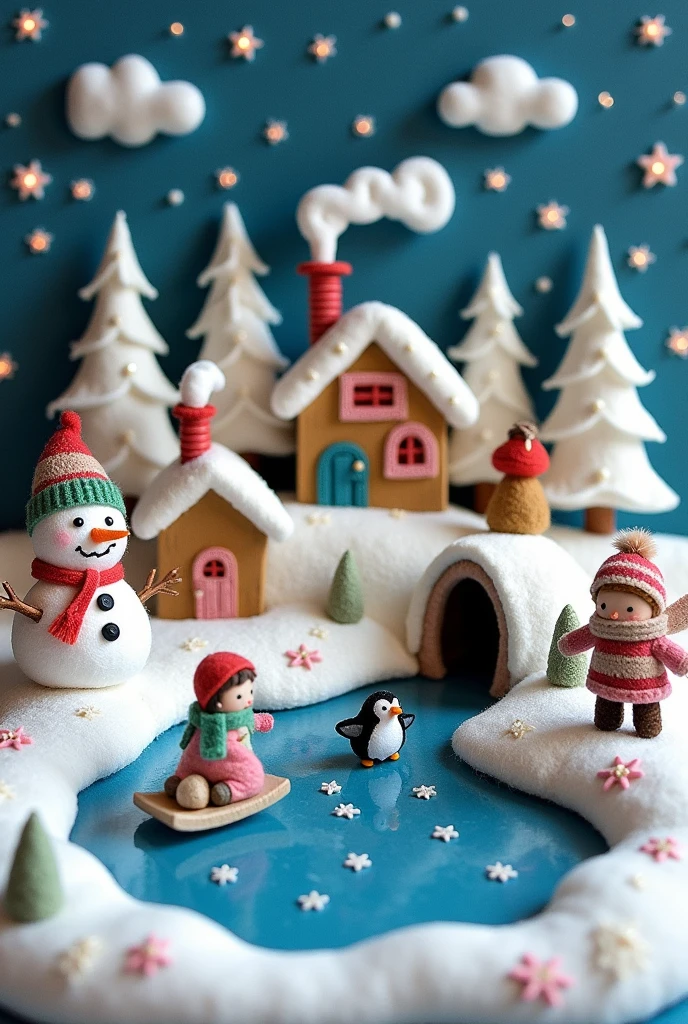 Craft a charming winter scene with a snow-covered village, featuring tiny felt houses with chimneys puffing out smoke, a sparkling frozen pond, and snow-dusted trees. Felt characters, like a cheerful snowman, a bundled-up child on a sled, and a little penguin, bring the cold scene to life. The snow is represented by white felt with delicate stitching, and the sky is a deep blue with embroidered snowflakes. Adding elements like a tiny felt ice skater or a hidden felt igloo creates a cozy, wintery atmosphere