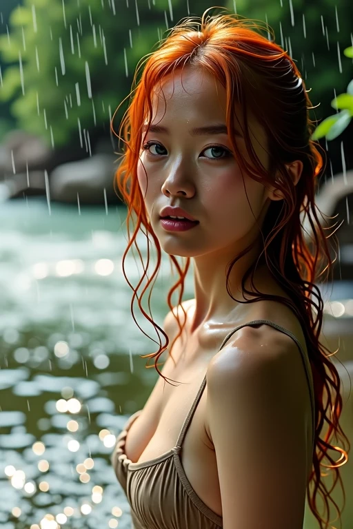 A natural scene amidst flowing water under heavy rain, with trees and slight sunlight filtering through the leaves. In the middle of the river, there's a side profile photograph of a young woman with Thai-Chinese features, blue eyes, and red hair. Her face and hair are drenched from the heavy rain, creating a shimmering effect. The photograph is rich in detail and portrait style, captivating with its intense focus and dramatic setting. She wears a simple beige camisole. Her wet hair and body add to the scene's allure. Taken with a Fujifilm Eterna Vivid 500T camera, the gentle yet continuous movement of water around her is visible. The semi-high angle of the shot clearly shows her wet face and shoulders. The background is filled with nature, trees, and soft sunlight filtering through the leaves, giving the image a natural feel. The light and shadows are well-balanced, adding vibrancy to the overall composition. Natural light focuses on the side of the subject, enhancing the scene.