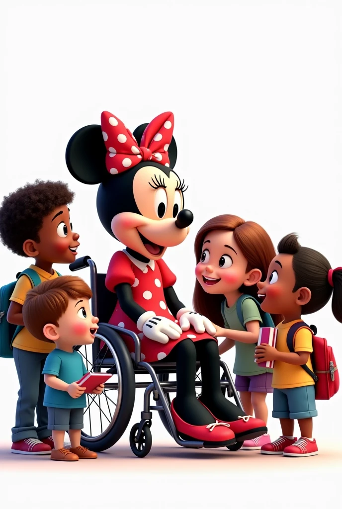draw for me Minnie Mouse Disney in a wheelchair with children feeling included among them books backpacks Disney Pixar style with white background full image without cutting any character