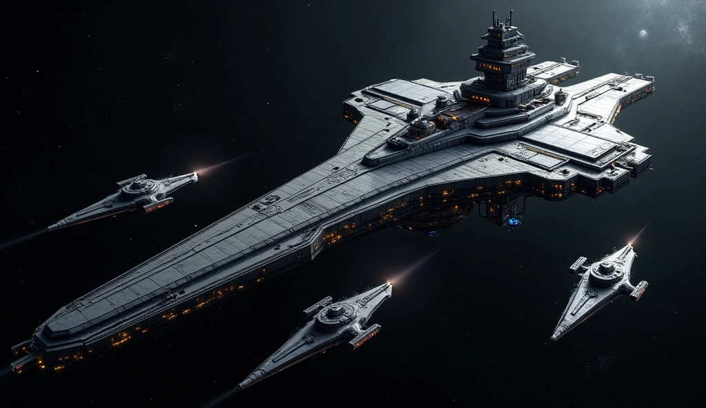 Large space station and other mini space stations in outer space.
Make this same space station traveling at high speed out of the solar system.