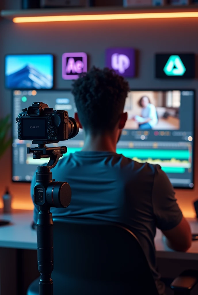 La caméra sur un stabilisateur, que tout la caméra et les stabilisateurs soient visibles sur l'image
Avec des images et de logos de Photoshop, After effect et Première pro dans le fond avec des outils de Photoshop primer pro et After effet
Dans le fond une personne de peau noire assise de dos qui travaille sur un logiciel de montage vidéo sur un large écran