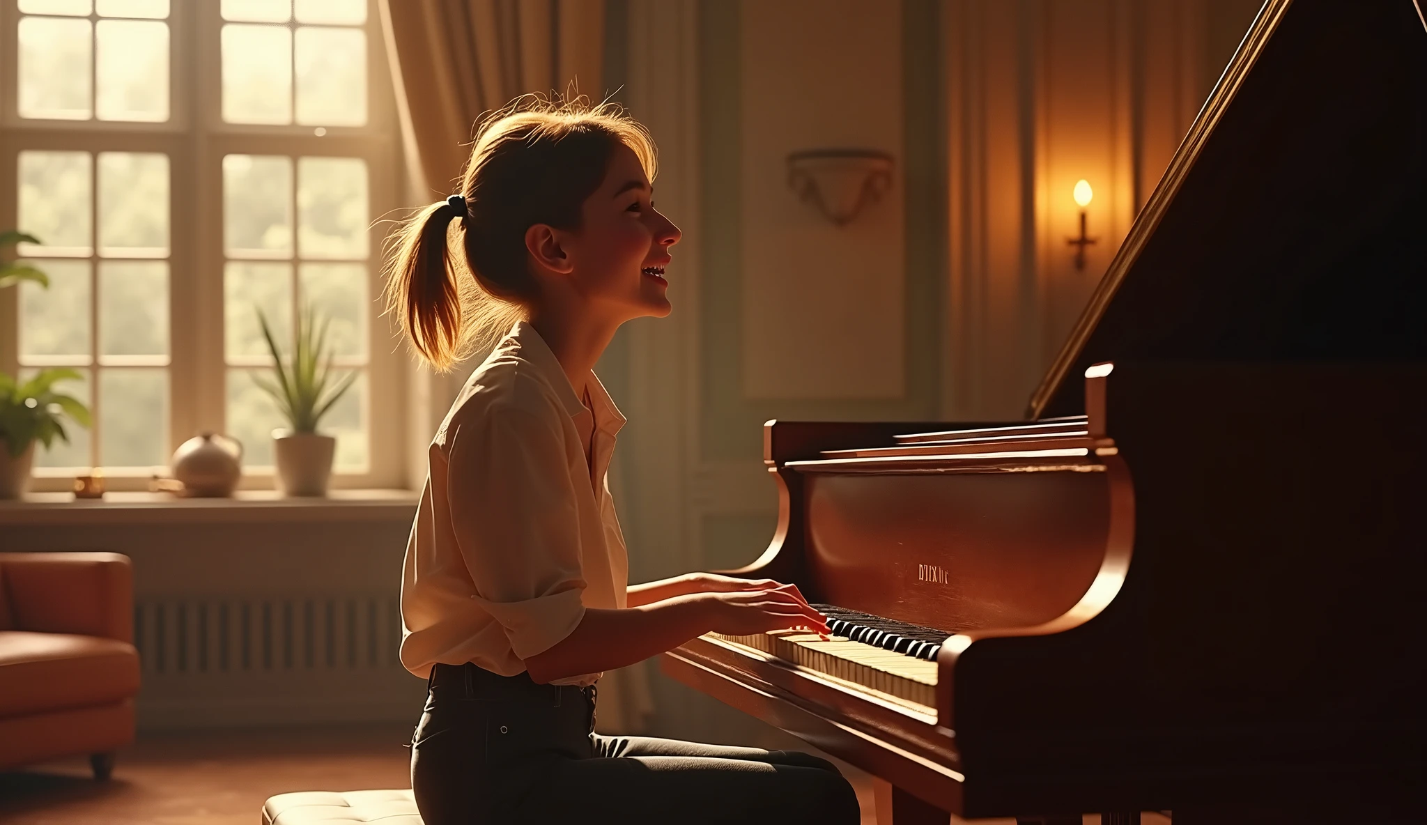 (photorealism:1.2),a cinematic photograph establishing shot of a very happy teen playing a grand piano, joy, magic