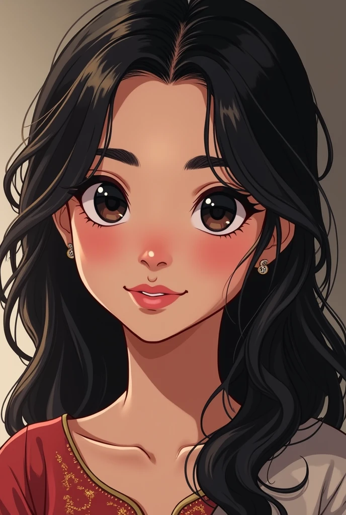 A pakistani girl
Black eyebrows, black sharp eyes, small nose, cupid pink lips, apples cheeks, almond face, black wavy hair
Looking into the camera and smiling
Wearing pakistani traditional clothes
Make her eyes sharp and thin almond shape
Give her anime look not realistic