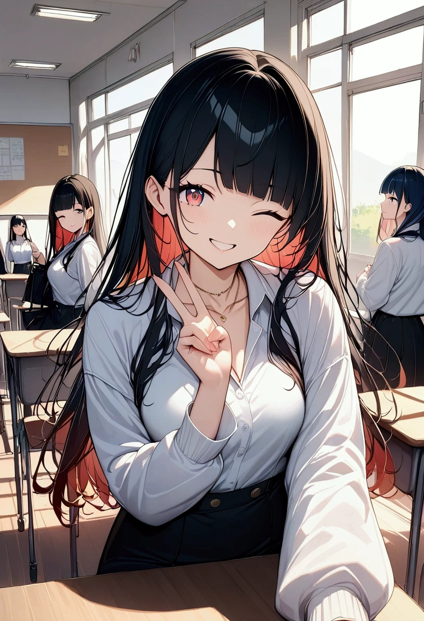 (((anime))) A woman with one eye closed,Gal,Long Hair,(Black Hair),Diagonal bangs,necklace,smile,Showing teeth,Red eyes,Big eyes,uniform,Volume sleeve,peace sign,classroom,sunlight,masterpiece,Highest quality,Exquisite,8k,Absurd,Ultra-fine illustrations,(View your viewers)