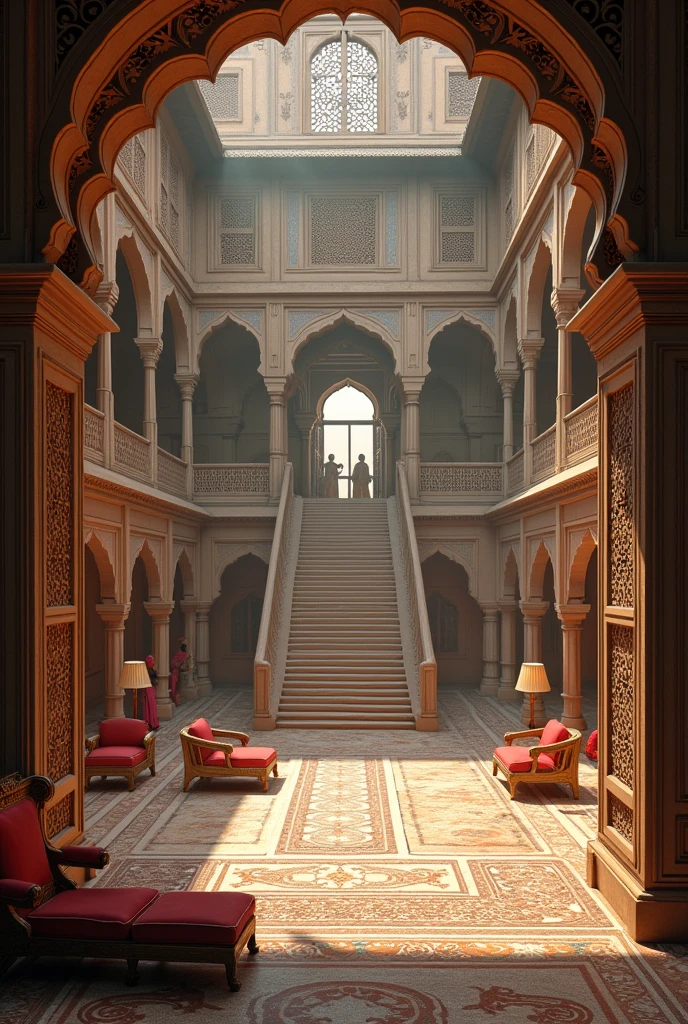 Generate me a inside view of the haveli the rooms the stairs everything