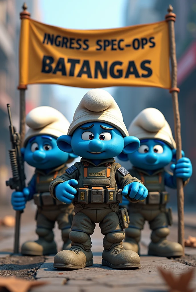 3D Ingress Resistance Smurfs, Standing pose, holding "Ingress Spec-Ops Batangas" Banner