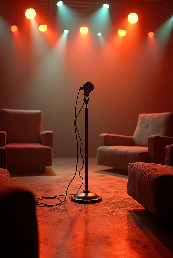 Radio show atmosphere with large empty chairs, microphone for singing