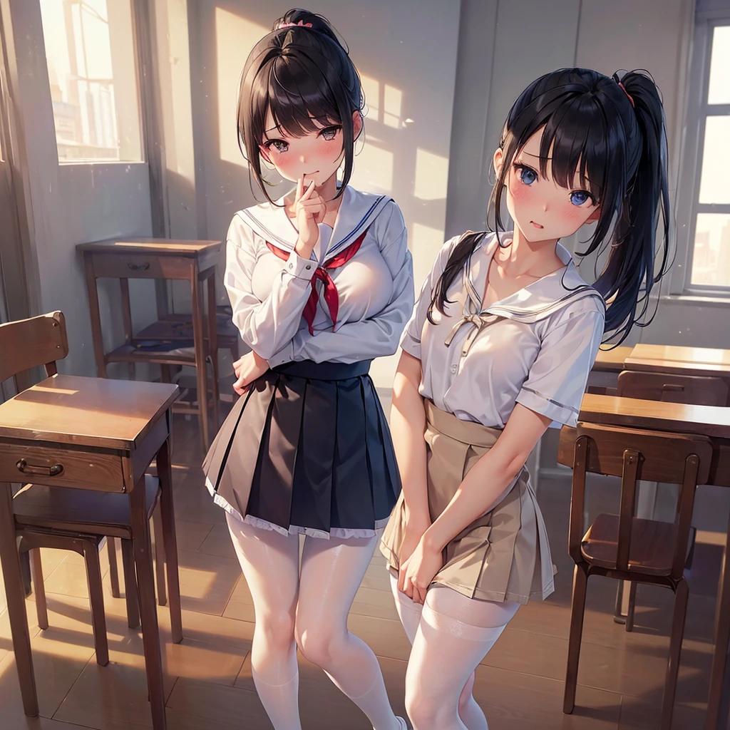 (Best quality, 8k, 32k, Masterpiece, UHD,:1.2),RAW, 2girls,ultra cute , natural lighting,transparent shining eyes, 20yo,medium breast ,fair complexion ,flushed face,dynamic Lighting, on stairs, ((school uniform)), crawling position on their hands and knees, (closing legs), loafers, nsfw, halfway up the stairs, shiny, show off panties, (See-through sheer micro panties:1.6), Closeup shot