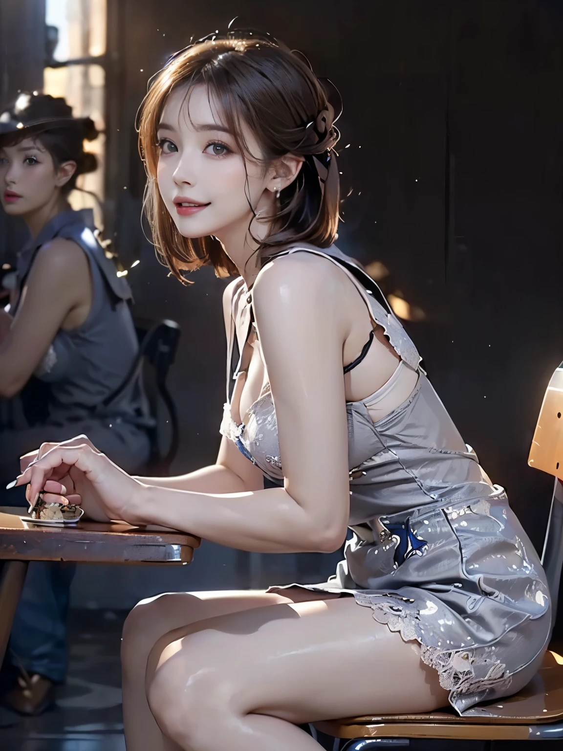 ((((Highest quality))))、(((Ultra-precision CG16K wallpaper)))、(((masterpiece)))、(((Super detailed)))、(((Extreme detail)))、((1Mature 2 woman:1.6))、((Very beautiful Japan face of a person))、((Urizane Face:1.8))、Face without distortion、((Straight one-length bob hair:1.6))、(Shiny Hair)、double eyelid、High nose、Small nostrils、Small Mouth、Seductive lips、Beautiful breasts、((B cup size breasts))、Cleavage、(Thin 5 fingers、Detailed fingers、Beautiful nails)、Beautiful feet、((Thin thighs:1.3))、eight-headed body、Perfect proportions、Perfect Anatomy、Perfect composition、Beautiful detailed shading、Beautiful, natural lighting、Beautiful detail glow、Depth of written boundary、(((High chroma)))、(((Real:1.9)))、((vivid:1.5))、((Beautiful Skin))、((Silky skin))、((Mochi skin))、(((Cowboy Shot:1.6)))、(((side view、shoot from side:1.6)))、(((Half-open mouth、smile:1.6)))、(((looking at camera:1.6)))、Bright daylight、Natural light、(((background_Outdoor、An empty cafeteria:1.5)))、(Chair sitting pose:1.6)、(((Grey lace sleeveless mini dress:1.6)))、((necklace、Earrings、Wearing high heels:1.5))、(((A woman is sitting on a chair in the cafeteria:1.6)))、