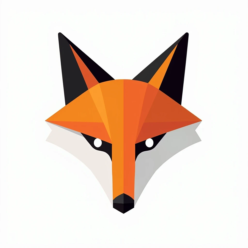 A stylized vector logo of a fox head, created using geometric shapes and vibrant colors like orange, white, and black, set against a white background.