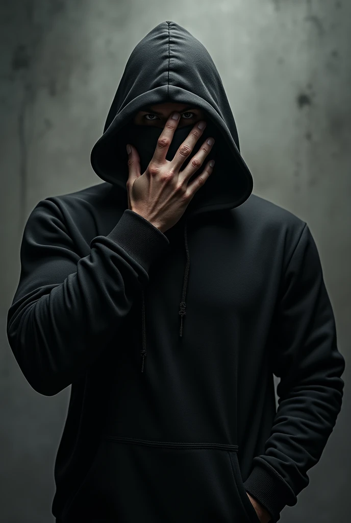 Men wearing black hoodie and have muscular body face covered with his hand sigma photo