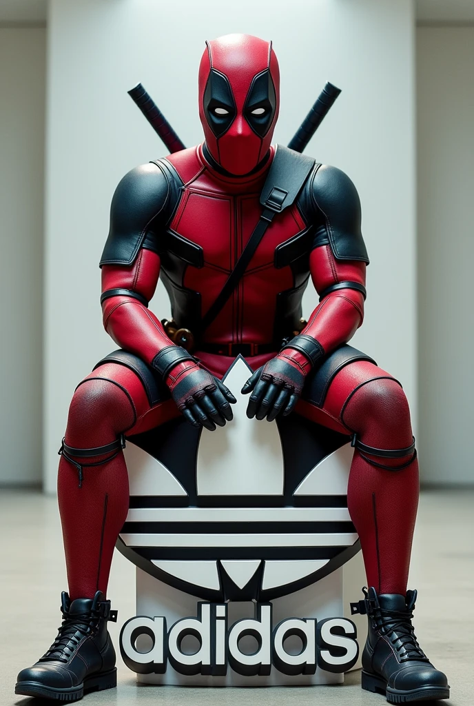 Fais-moi une photo du personnage Deadpool assis sur le signe adidas