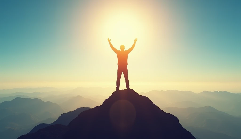 Create a realistic image where "A man standing triumphantly at the peak of a mountain, arms raised high above their head in victory, with a vast landscape below them. The background is a clear sky with the sun shining brightly, symbolizing success and limitless potential. The person’s silhouette is sharp against the bright sky, embodying the idea of being unstoppable and limitless."