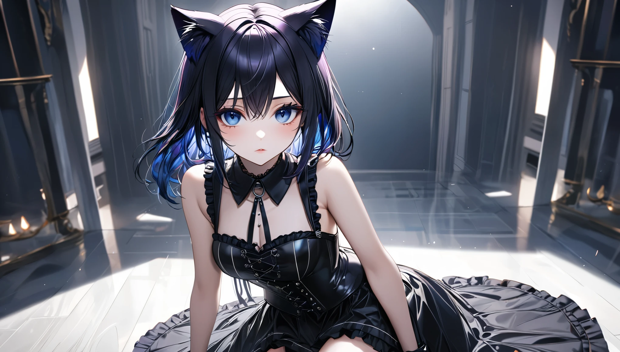 (Masterpiece, best quality, highest resolution), (1 girl, solo, cat ears, goth girl, full picture, raytracing, melancholic expression, purple smokey eye makeup), (blue eyes, black hair), ((red fringes)), long hair, sleeveless shirt, corset, skirt, frills, glossy white kneehighs