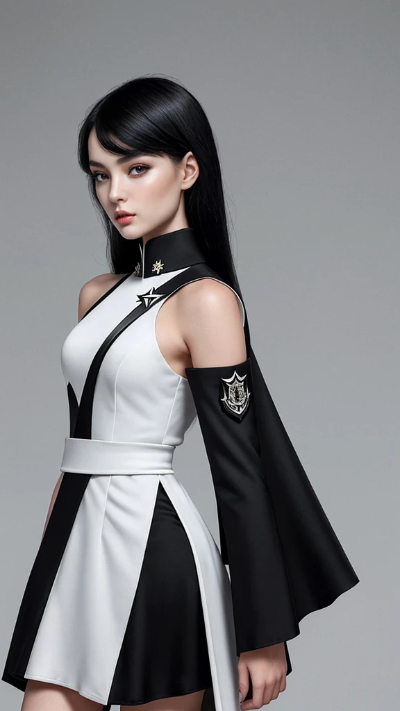 Taiwanese beauty with adult charm。Black hair medium。The shoulder emblems on both shoulders have different designs on the left and right shoulders.。The black military uniform is accompanied by a waist-length white cape with an asymmetrical front.。