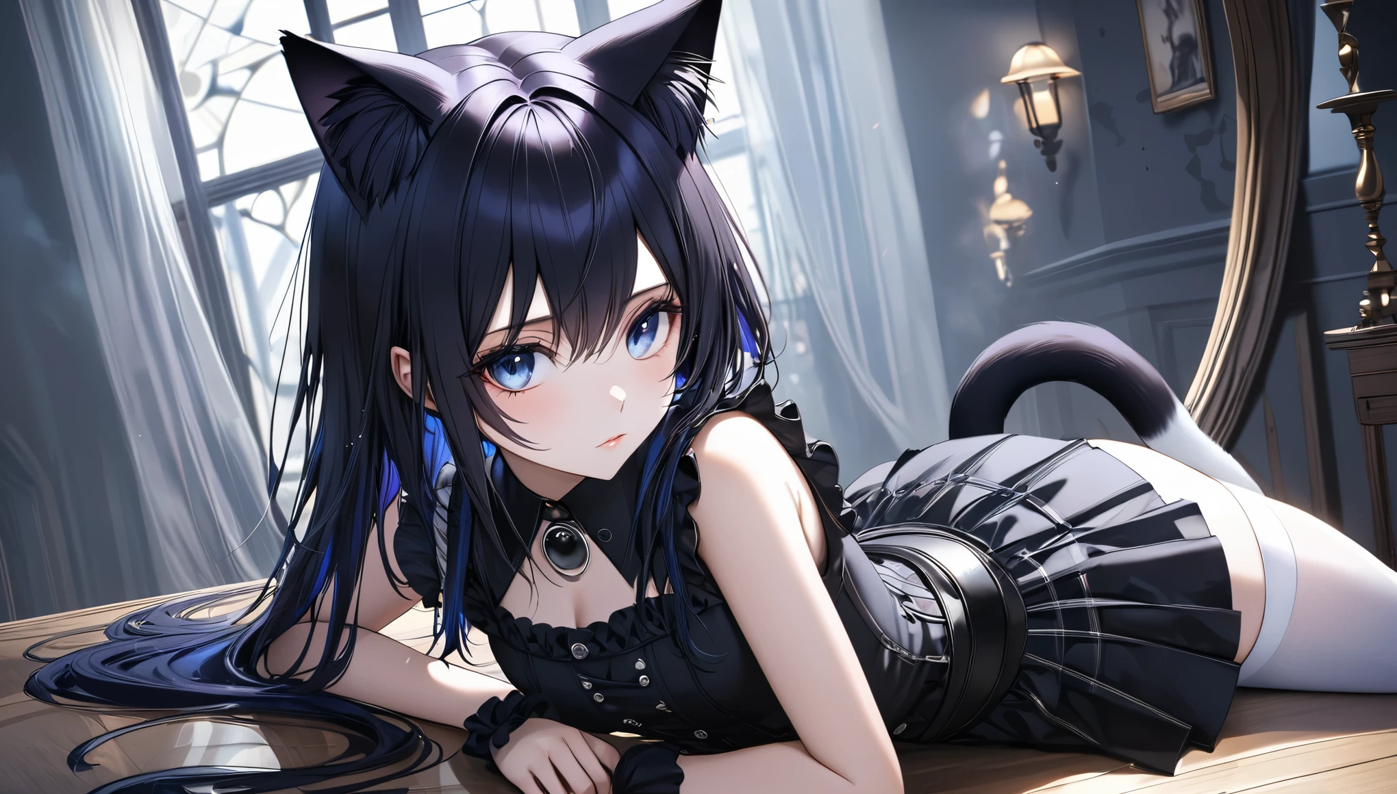 (Masterpiece, best quality, highest resolution), (1 girl, solo, cat ears, goth girl, full picture, raytracing, melancholic expression, purple smokey eye makeup), (blue eyes, black hair), ((red fringes)), long hair, sleeveless shirt, corset, skirt, frills, glossy white kneehighs