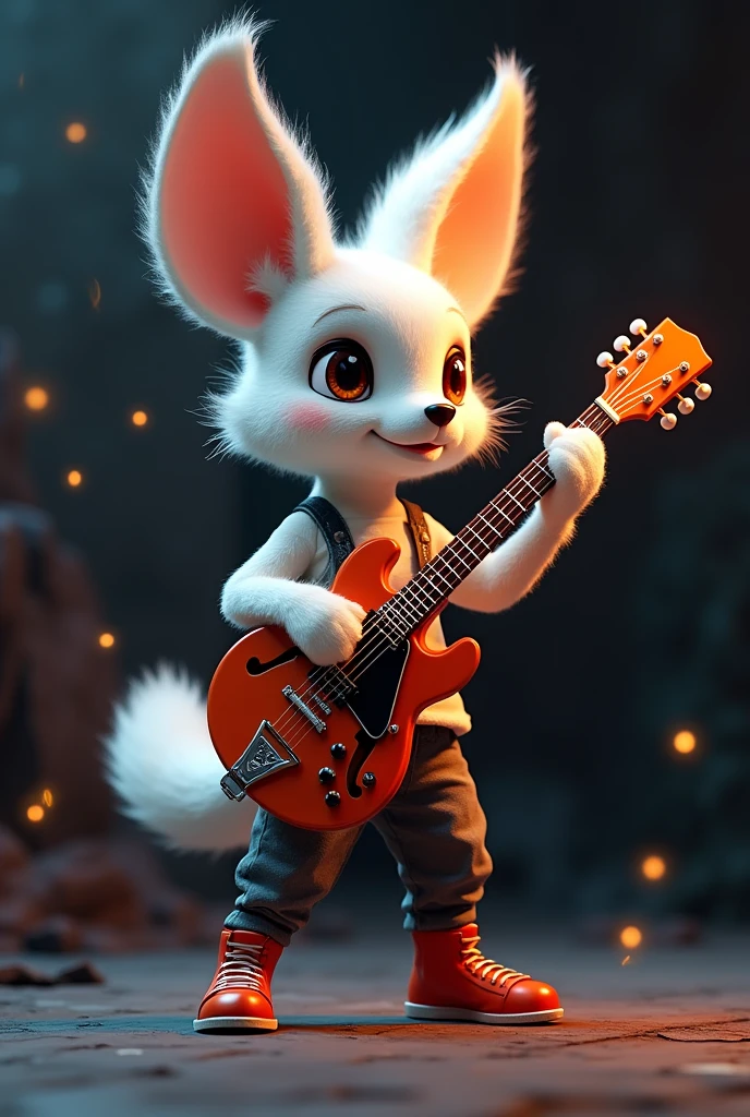 Create a mascot with a music theme. Make him hold a guitar, make his physique cute and attractive, iconic with dark colors.