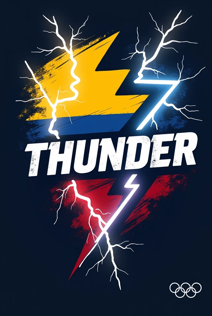 create a logo joining the name Thunder, the colors of the Colombian flag, the olympic games, and some lightning and thunder