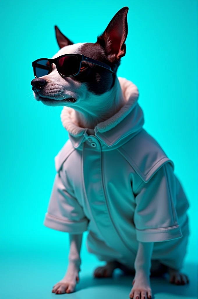 The best cell phone wallpaper, Award-Winning Wallpaper, portrait photography, In the front view is a portrait of a cute dog wearing mid-1960s space age fashion, Side view photo, Shot with Canon EOS R5, Set a strong contrast that accentuates the subject, Fluorescent blue tone, Wearing a very modern coat and sunglasses is a modern 1960s style, Clothes all in one color, beautiful background