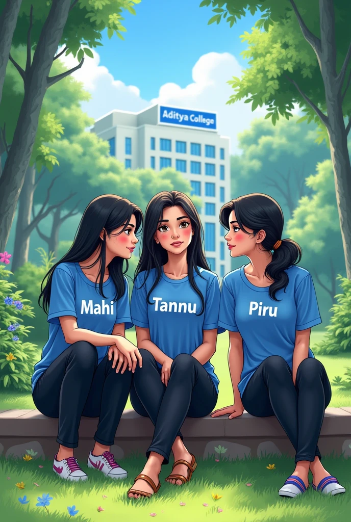3 ladkiya bethi hai unhone college dress blue shirt or black formal pant pahan rakh hi jinme ek ki shirt par mahi or ek ki shirt par tannu or ek ki shirt par piru likha hai, vo ek garden me bethi hui hai or pichhe ek college hai jis par aditya college ka banner lagahua hai aisi Indian girl animetion me image banao