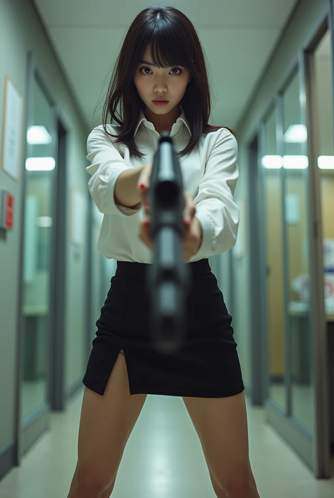 real beautiful sweet big eyes office lady japanese white shirt low mini skirt standing legs open wide spreading full portrait holding rifle gun pointing at you front facing aiming at you