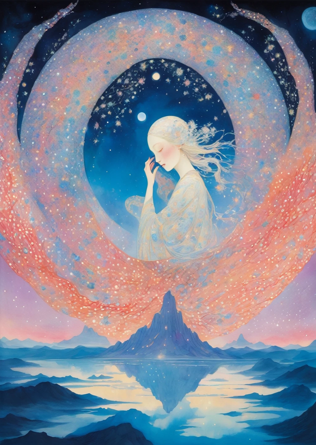 one woman beautiful closeup surreal night milky way dreamy, Folklore, magic, orientalism, Romanticism
(An illustration:Kay Nielsen、Ryan McGinley、Pipilotti Rist)