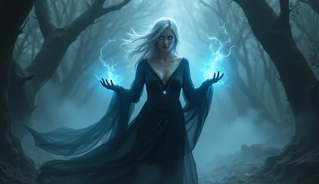 A mysterious enchantress with silver hair and glowing blue eyes stands in the center of a dark forest. She wears a flowing, translucent black gown that shimmers in the moonlight, revealing glimpses of her figure beneath. Her hands are raised, summoning dark mist that swirls around her, creating an otherworldly, hypnotic atmosphere. The trees around her are twisted and gnarled, their branches reaching out like claws. The ground is covered in fog, and the air is filled with the soft hum of dark electro music, setting a tone of enchantment and allure. Aim for realistic depiction, make sure photos are at highest resolution (8K)
