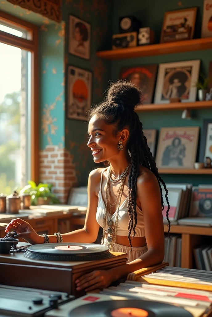 a girl, has tanned skin, hair all braided, she owns a vinyl store