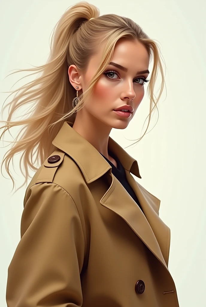 Woman with ponytail blonde hair in trench coat