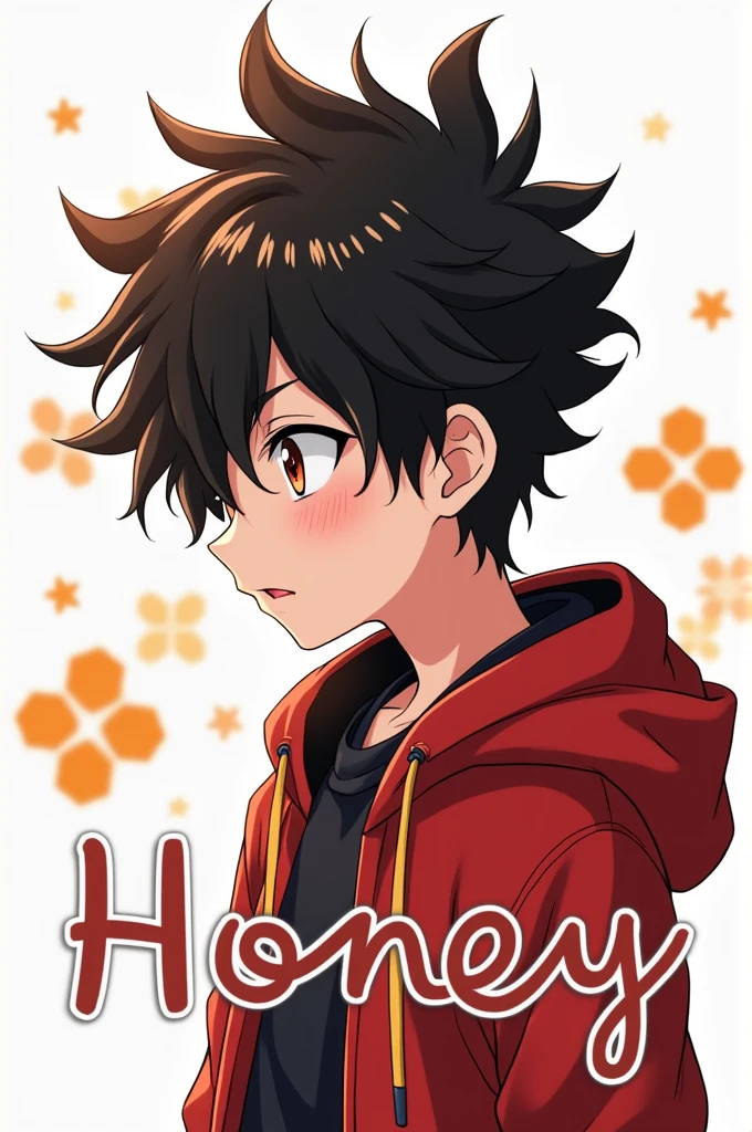 Honey name anime logo stylish and colour red, white, black and cool stylish font with anime  character boy and boy's hairs are up side