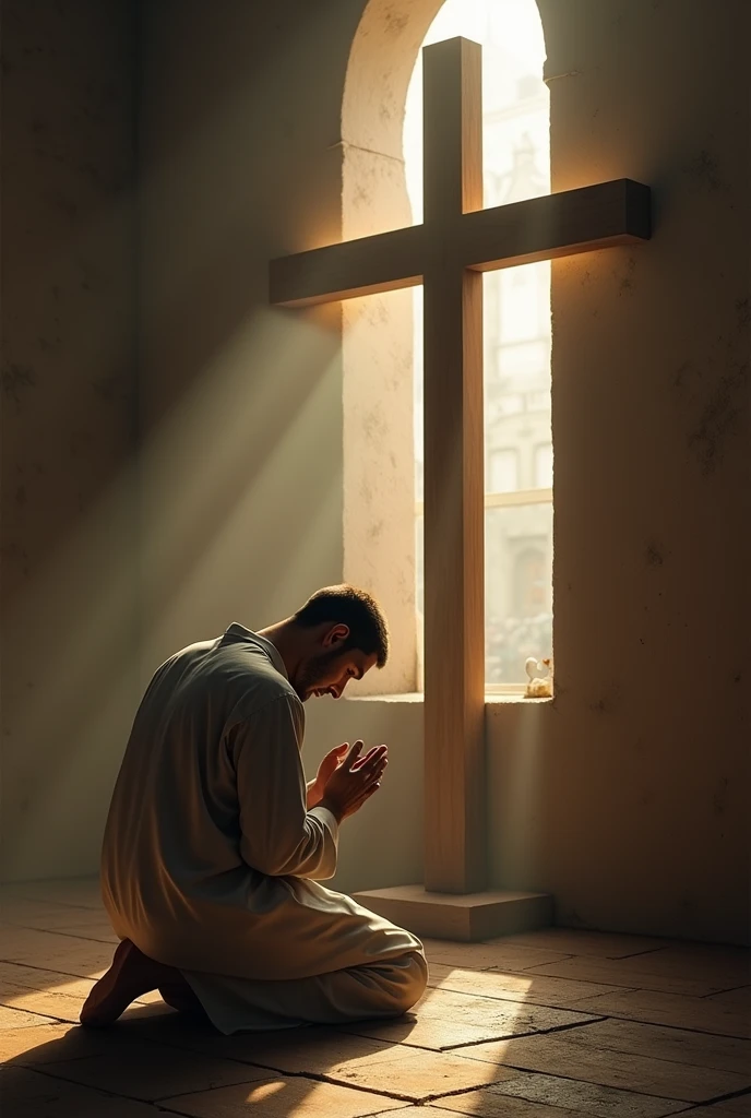 a man is kneeling, head down, in front of a sturdy wooden cross. It is located in a simple and sober environment., with a soft light illuminating the scene. His hands are clasped together in prayer position, and their lips are murmuring words of devotion and supplication. The expression on his face reveals a deep sense of faith and reflection.. The scene conveys a sense of peace and introspection, emphasizing the moment of spiritual connection and humility.
