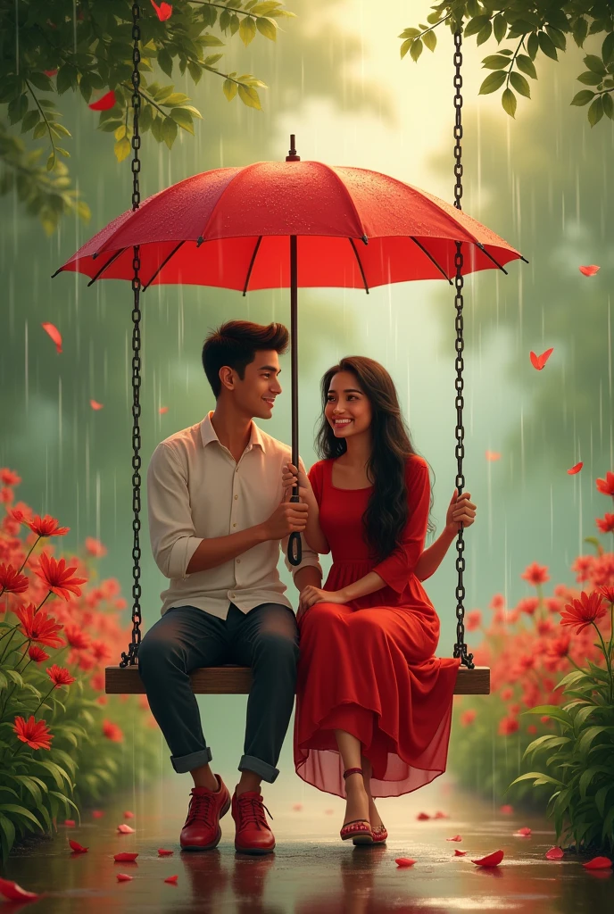 Slowly slowly rain with Ali and waniya with red flowers garden couple sitdown in a chain swing Ali plug in a umbrella and Ali t shirt is a red and waniya dress in a red frock and couple smiling faces with boy clean shave and couple shoes color is red and umbrella color is red in prompts