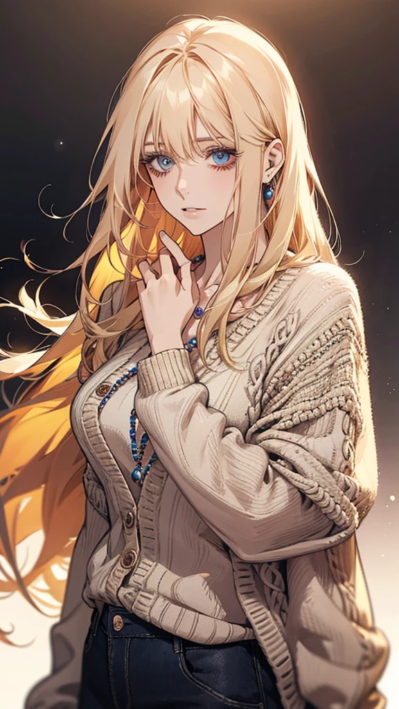 gorgeous adult woman, long neck, long blonde hair, bangs, perfect eyes eyes, soft light, high quality, 4k resolution, casual clothes, bead necklace, knit cardigan, looking at viewer, Put left hand on left cheek and think