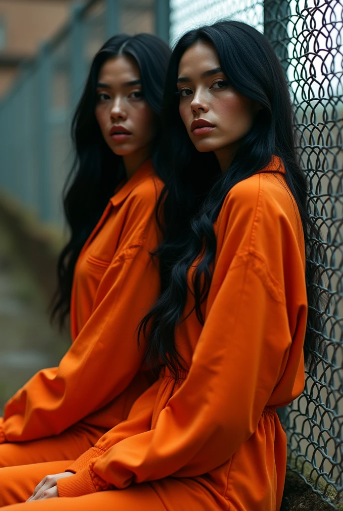 beautiful Instagram model, (long black hair:1.2), with her friend, orange prison jumpsuit, prison yard, realistic, photorealistic, 4k, high quality, detailed, dramatic lighting, cinematic, fashion photography, editorial, dramatic pose, looking at camera