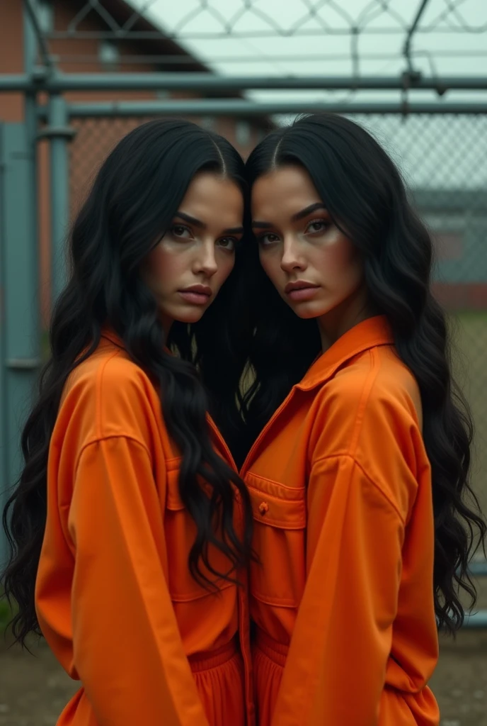 beautiful Instagram model, (long black hair:1.2), with her friend, orange prison jumpsuit, prison yard, realistic, photorealistic, 4k, high quality, detailed, dramatic lighting, cinematic, fashion photography, editorial, dramatic pose, looking at camera