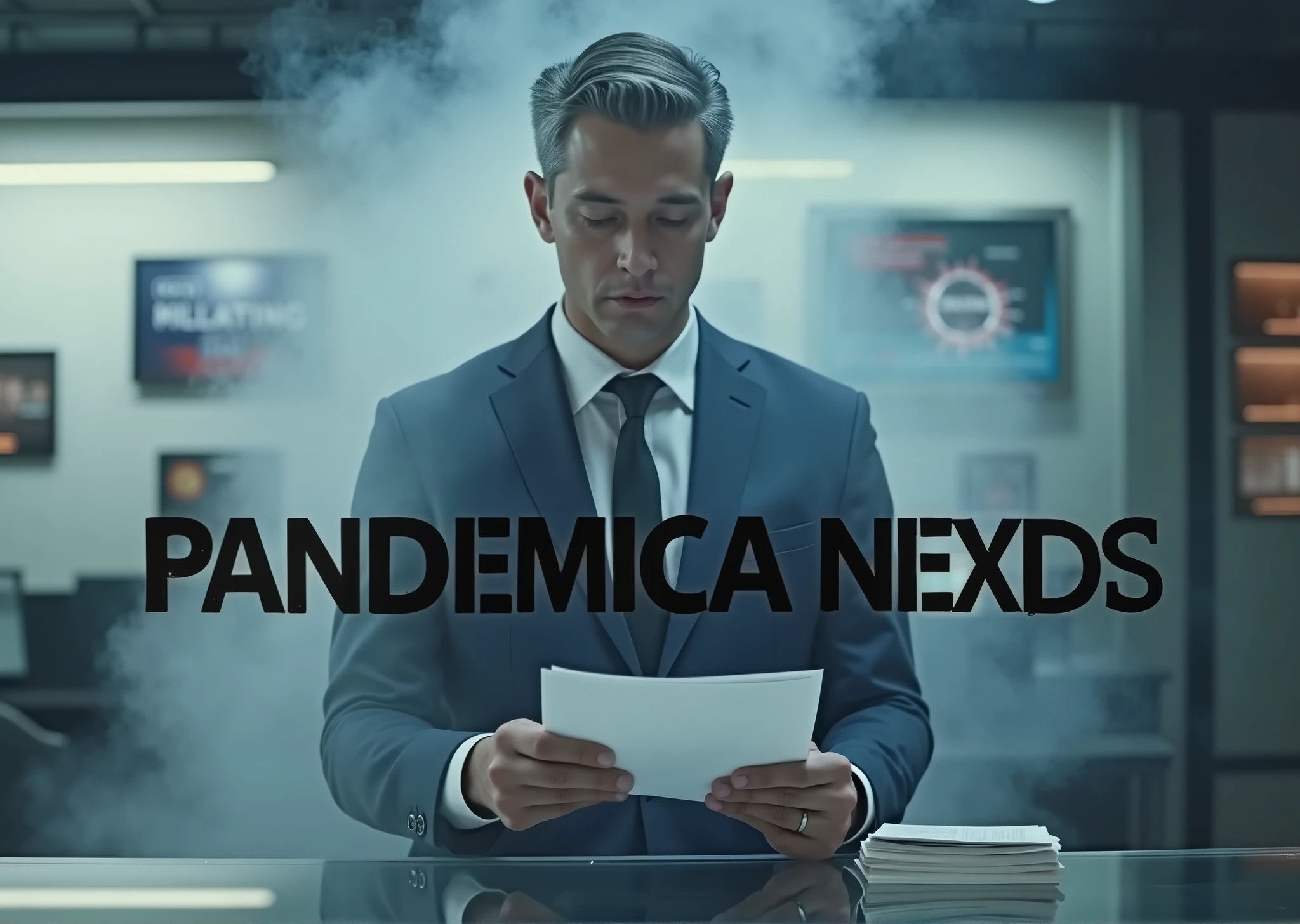 [un giornalista del telegiornale in giacca e cravatta mentre legge le notizie della pandemia su un foglio, con alle sue spalle le immagini relative]. [(Suspended in the air between scene and the viewer, a translucent, almost ghostly black message reads exactly: "STOP!". The text appears as if it's floating, blurred at the edges, with the letters formed from a faint mist or white smoke that lingers in the space. The smoky words are readable, though not overly bright, hovering just in front of his gaze, creating a surreal yet powerful effect. Text exactly says: "STOP!". They seem to be written in chalk. The text says: "STOP!". semi-transparent text that reads 'STOP!' in a dramatic, bold font. The text almost acts as a title, floating in the air, partially obscuring the scene but enhancing the overall tension and urgency of the moment)]