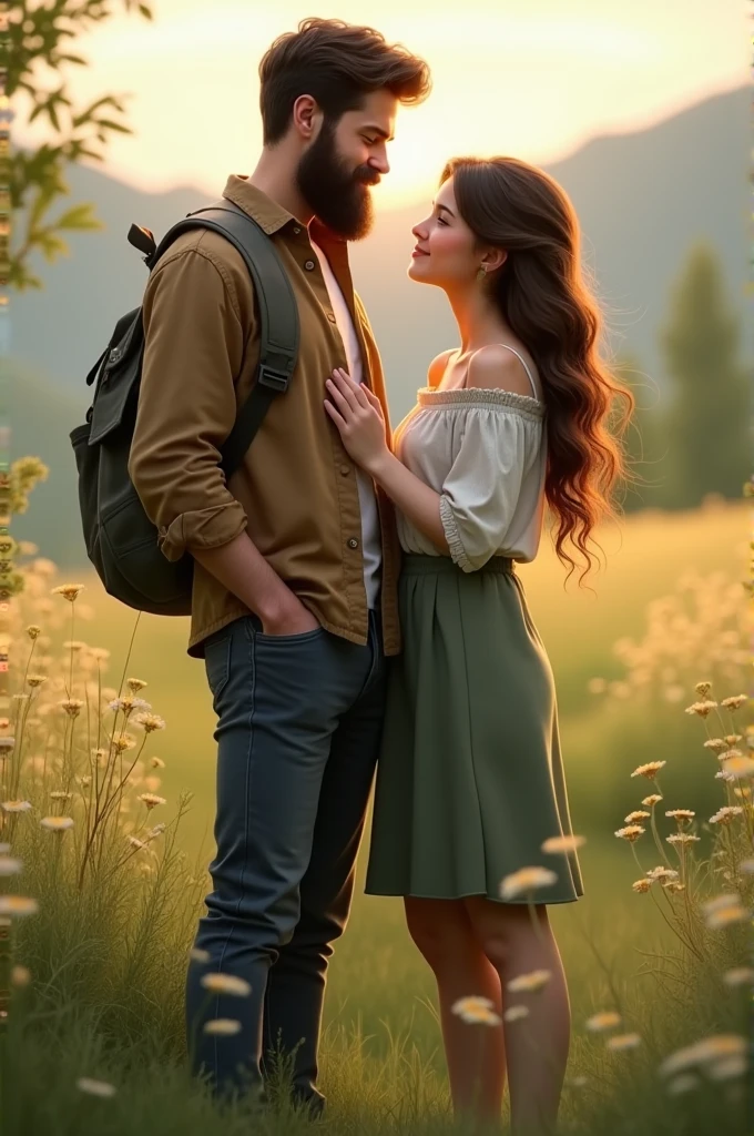 bearded boy, 175 cm, next to his 163 cm girlfriend. She is slightly overweight, long hair with highlights