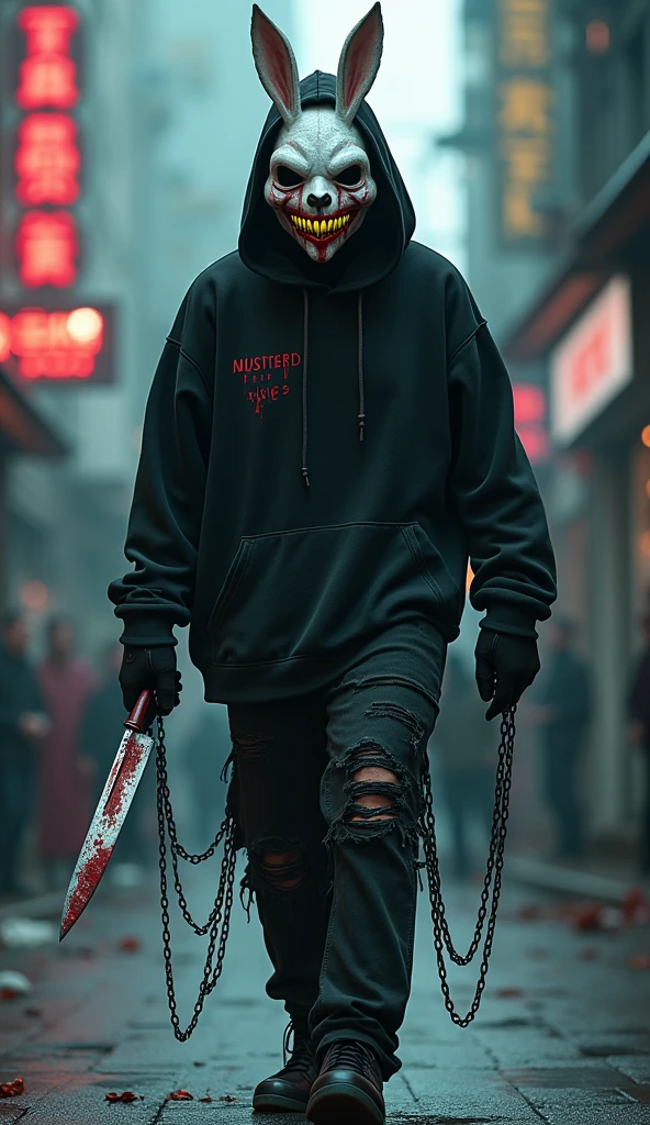 lizoldBS_soul3142, 1 male, different furry White bloody rabbit mask with creepy smile and yellow bloody teeth, completely Black torn hoodie, standing in the city street, neon lights in the background, steampunk, dystopia, ethereal, detailed, masterpiece, best quality, dramatic lighting, full body, torn Black pants, blood stains, walking to camera, holding ritual knife in the right hand, massacre in the background, chains in left hand, horror, 2 cute girls