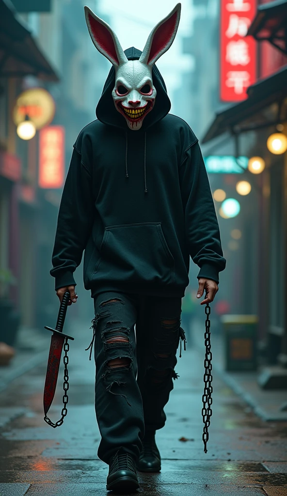lizoldBS_soul3142, 1 male, different furry White bloody rabbit mask with creepy smile and yellow bloody teeth, completely Black torn hoodie, standing in the city street, neon lights in the background, steampunk, dystopia, ethereal, detailed, masterpiece, best quality, dramatic lighting, full body, torn Black pants, blood stains, walking to camera, holding ritual knife in the right hand, massacre in the background, chains in left hand, horror, 2 cute girls