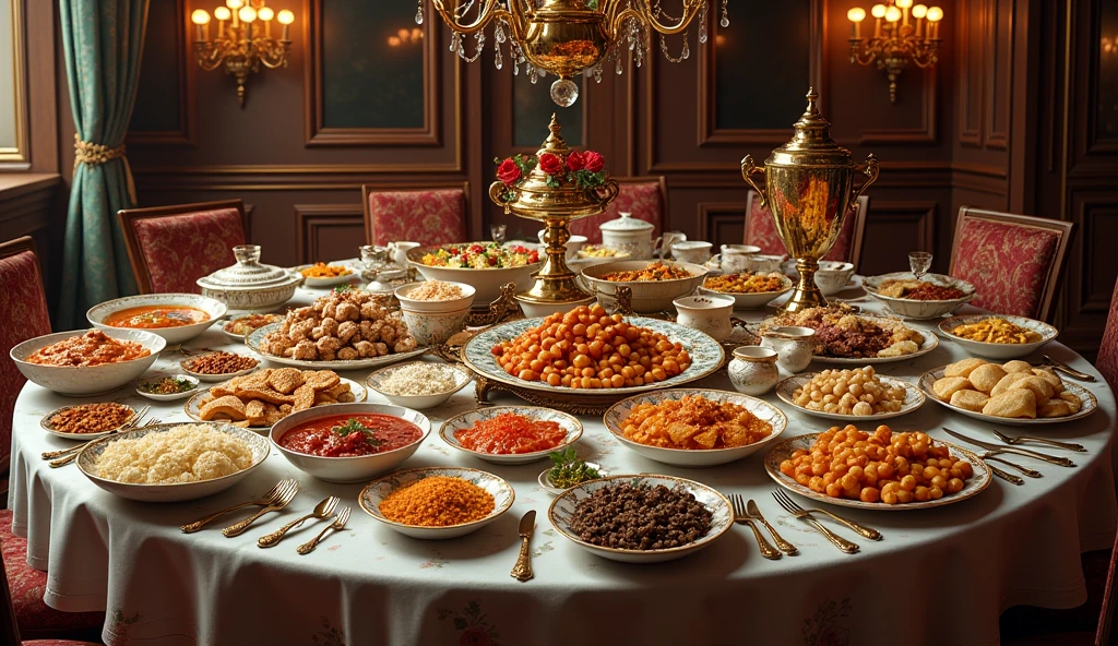 Large table,covered with various Russian dishes