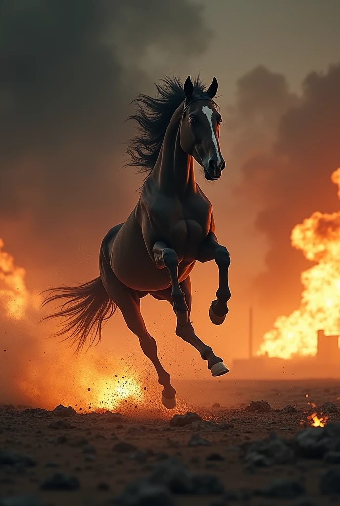 Horse jump in wa, fire explosion area, ground full dust and fire particles, dark poster, hollywood type