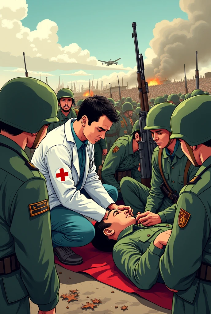 Cartoon of a doctor treating a wounded man in the middle of a battle, with the red cross on his uniform, surrounded by soldiers who respect their work.