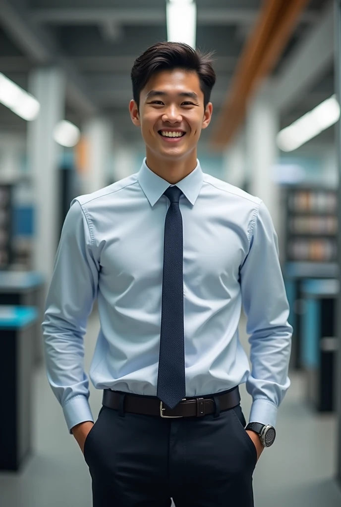 Boy in his 20s, an electrical engineering intern, smiling and wearing formal clothing