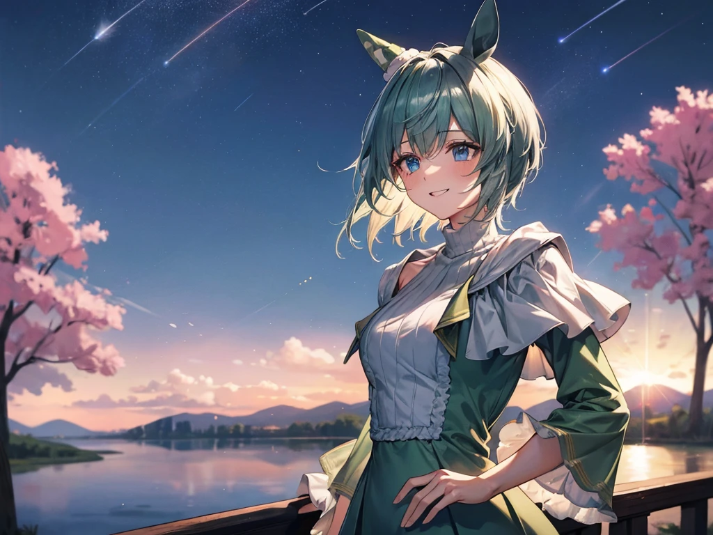 masterpiece, uhd, best quality, highres, 8k、shoot from above、upper body shot。solo、Alone、1Alone。Girl with horse ears、beautiful girl、low length、。Smile。Pink Lipstick、Beautiful breasts。Green Dress、Green evening dress、Shoulder less、turtleneck、Feather coat、Attached sleeves。Hands on hips。breeze、cliff、Starry Sky。