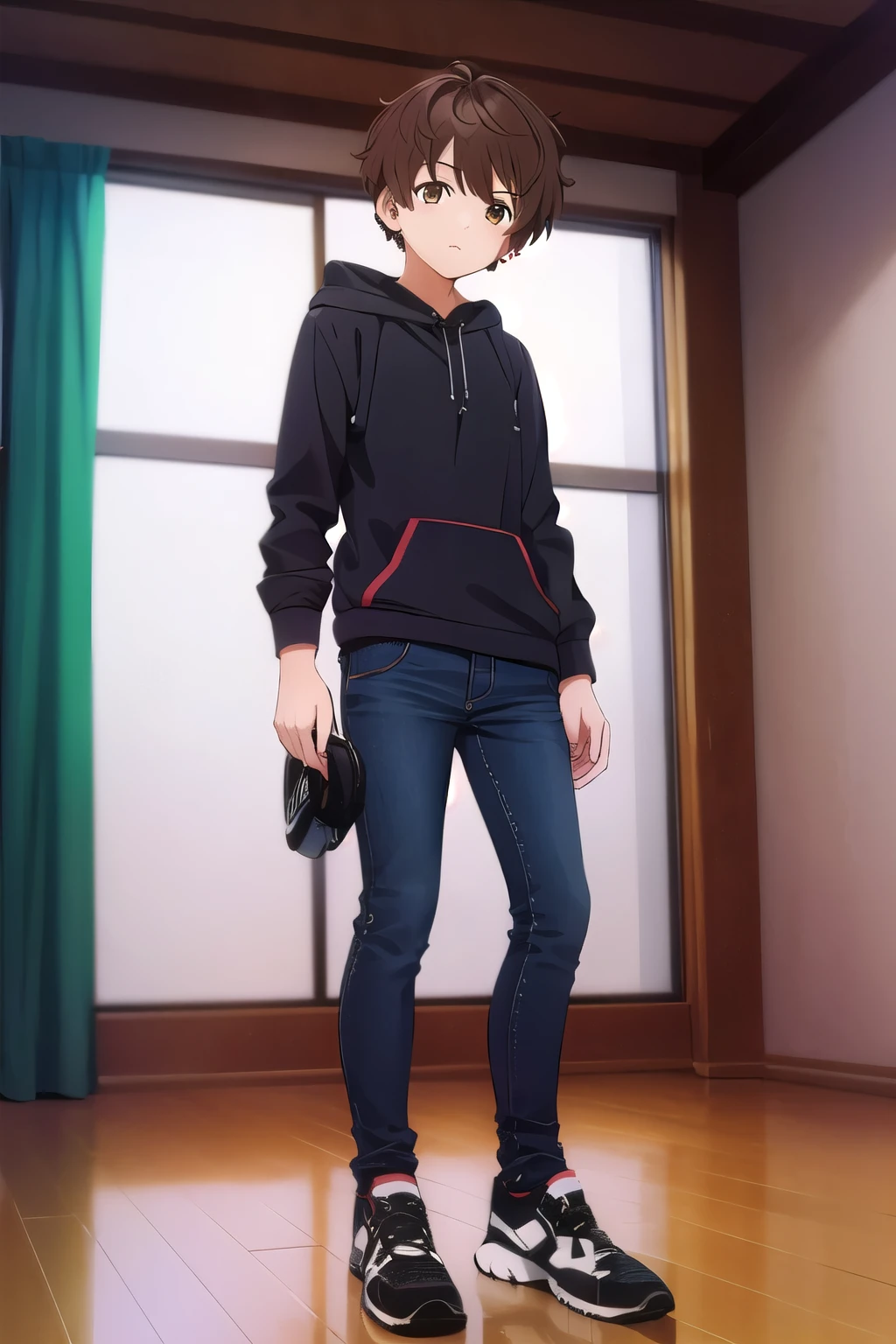 photorealistic, (4k), depth of field, (Masterpiece), (realistic skin texture), extremely detailed, intricate, hyper detailed, high resolution, professional photography, , depth of field, sharp detail, best quality, , 1boy, solo, male focus, shun_tokinoya, brown hair, brown eyes, , bangs, , , Fiesta, HD, Con Auriculares, sudadera, cuerpo completo, pantalon largo, tenis blanco & negro, Dj, De la cabeza hasta los pies, manos alzadas.