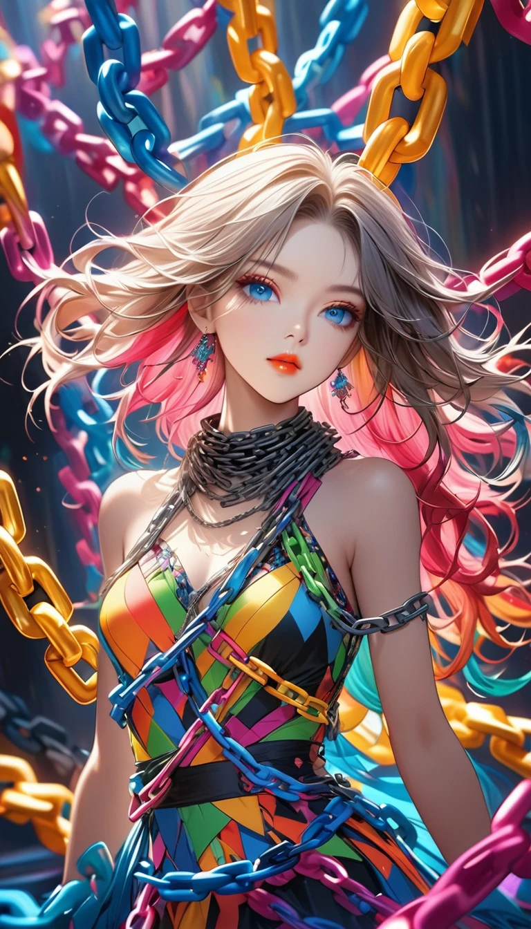 Professional Fashion Model, Perfect nudity, Colorful chains entangled, Clothing made entirely of chains, The contrast between charming skin and inorganic chains, Aesthetic color created by colorful chain shapes, A delicate balance of colour and, Simple beauty... A world that leaves audiences speechless...,