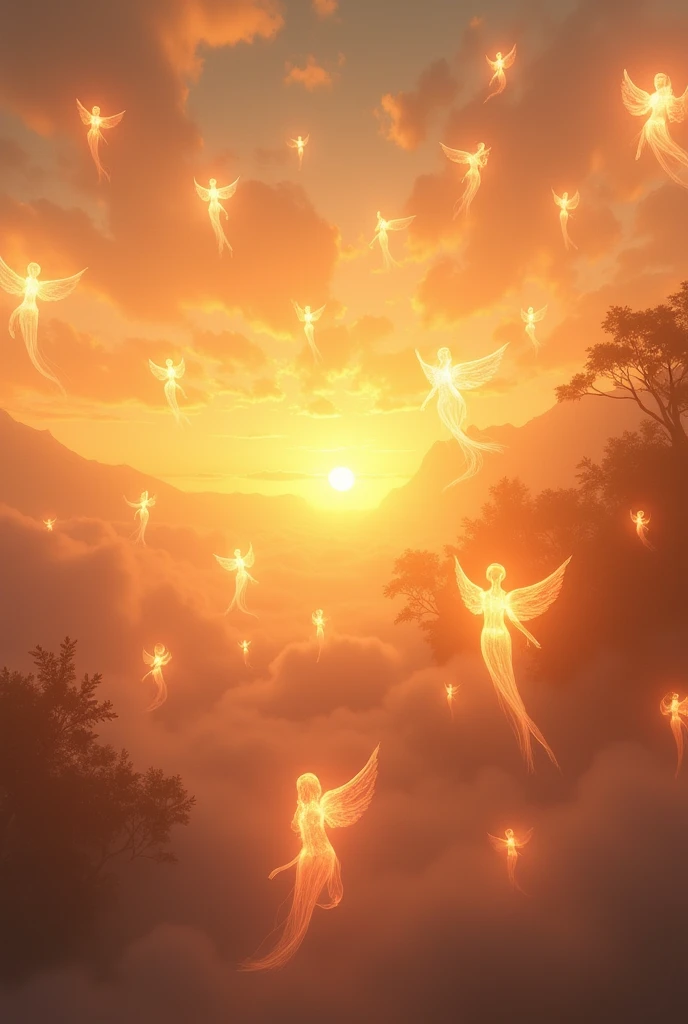 Many light Spirits flying in sunset