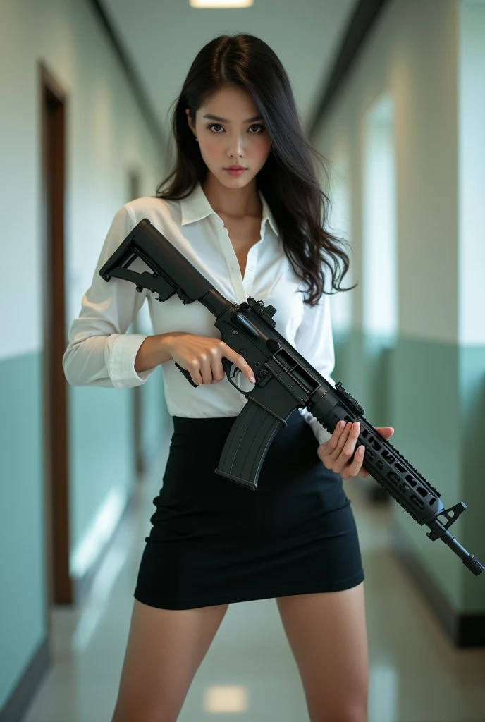 real beautiful sweet big eyes office lady japanese white shirt low mini skirt standing legs open wide spreading full portrait holding rifle gun pointing at you front facing aiming at you
